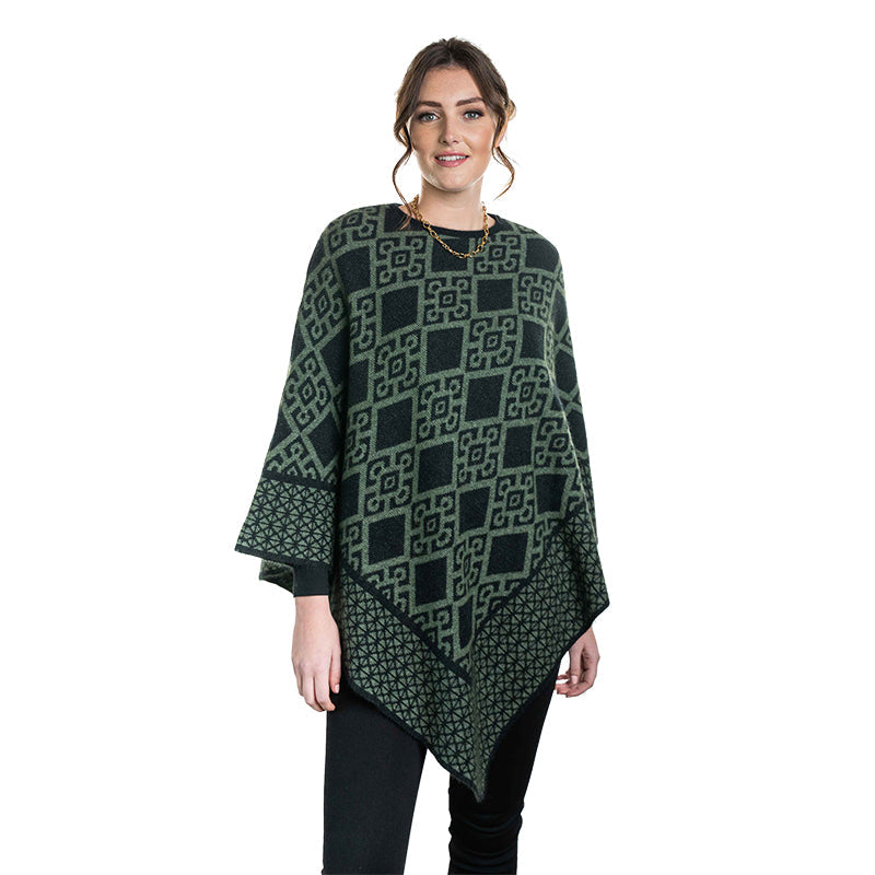 Premium Possum and Merino Wool - Diamond Poncho, for women in Black-Moss view 2