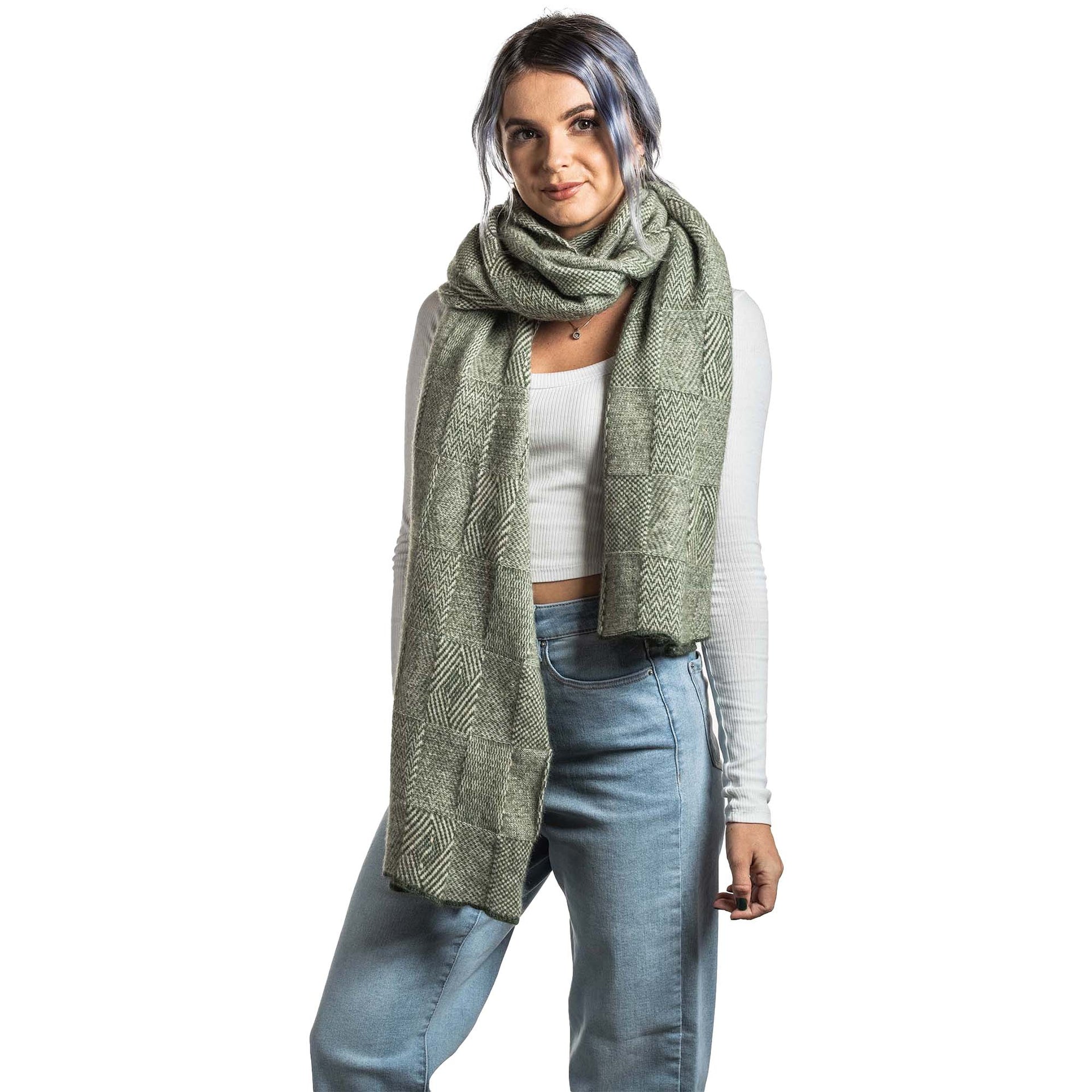 Premium Possum and Merino Wool - Jacquard Wrap, for women in Moss view 5