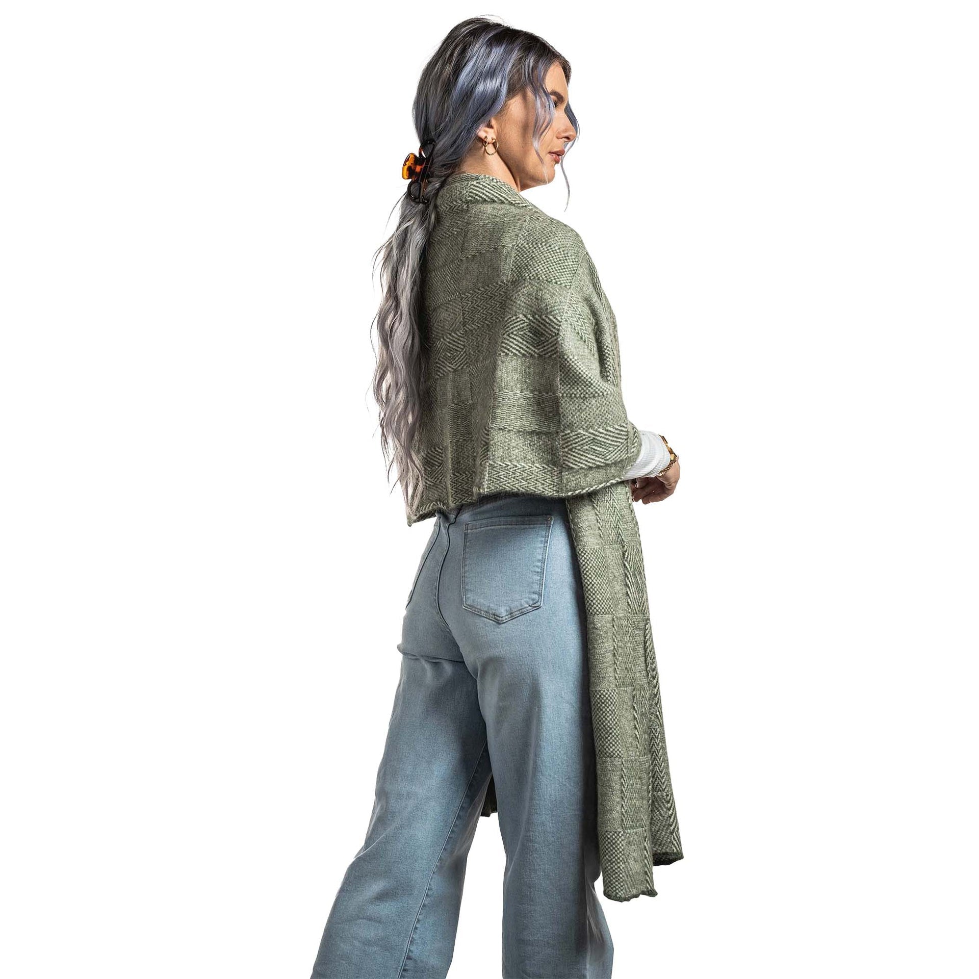 Premium Possum and Merino Wool - Jacquard Wrap, for women in Moss view 6